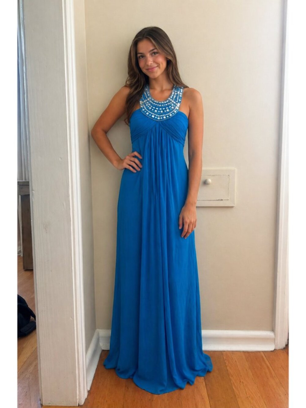 Royal Blue Beaded Halter Neck Maxi Dress – Full Length Formal/Prom Gown Size S
